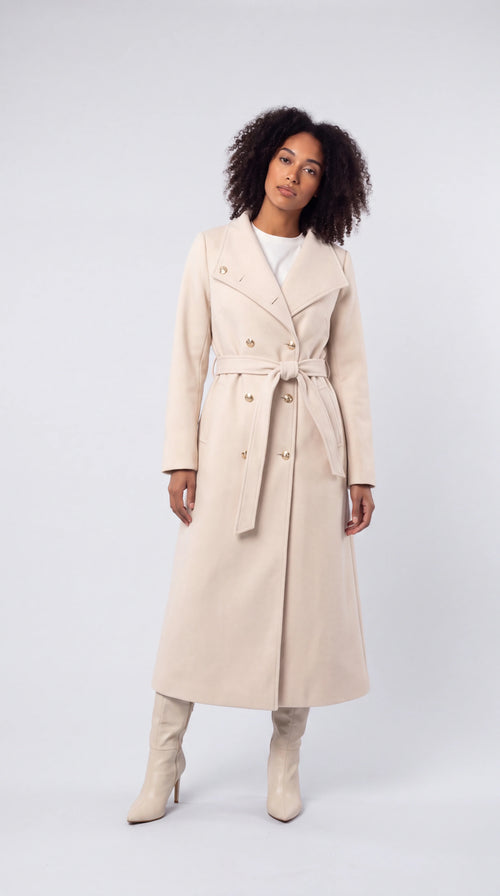 Evorenne cream belted double-breasted trench coat, front view